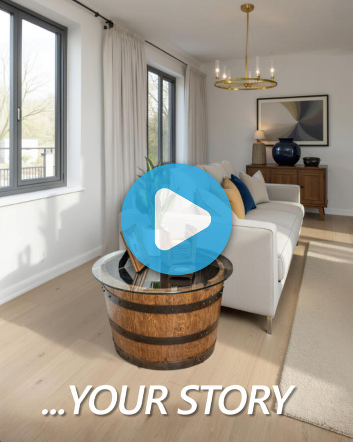 A thumbnail for a video ad on Meta that before and after of different spaces with whiskey barrel furniture and without the furniture.