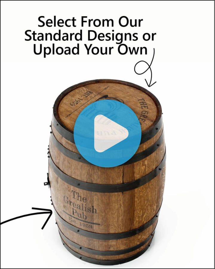 A thumbnail for a video ad on Meta that shows the personalized engraving process for whiskey barrel furniture.