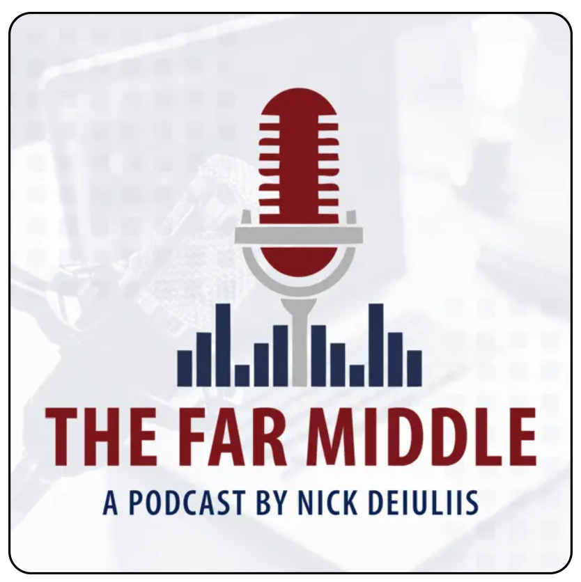 logo for The Far Middle Podcast that shows an icon of a microphone and audio meters.